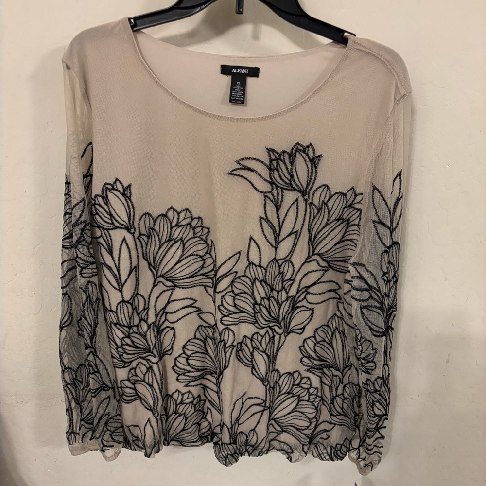 Alfani Beige Sheer Blouse with Black Floral Embroidery